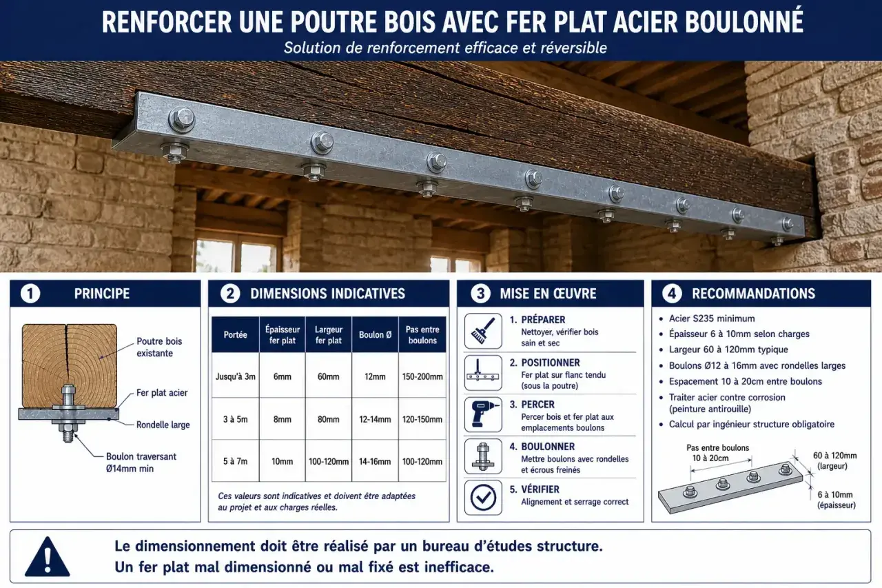 Fixation poutre bois sur mur avec fer plat acier boulonné, renforçant la structure.