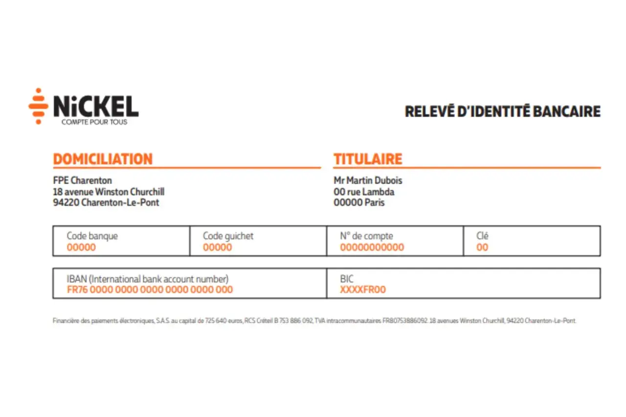 Relevé d'identité bancaire Nickel. La domiciliation bancaire, c'est quoi ? Voici les informations pour le compte de Mr Martin Dubois.
