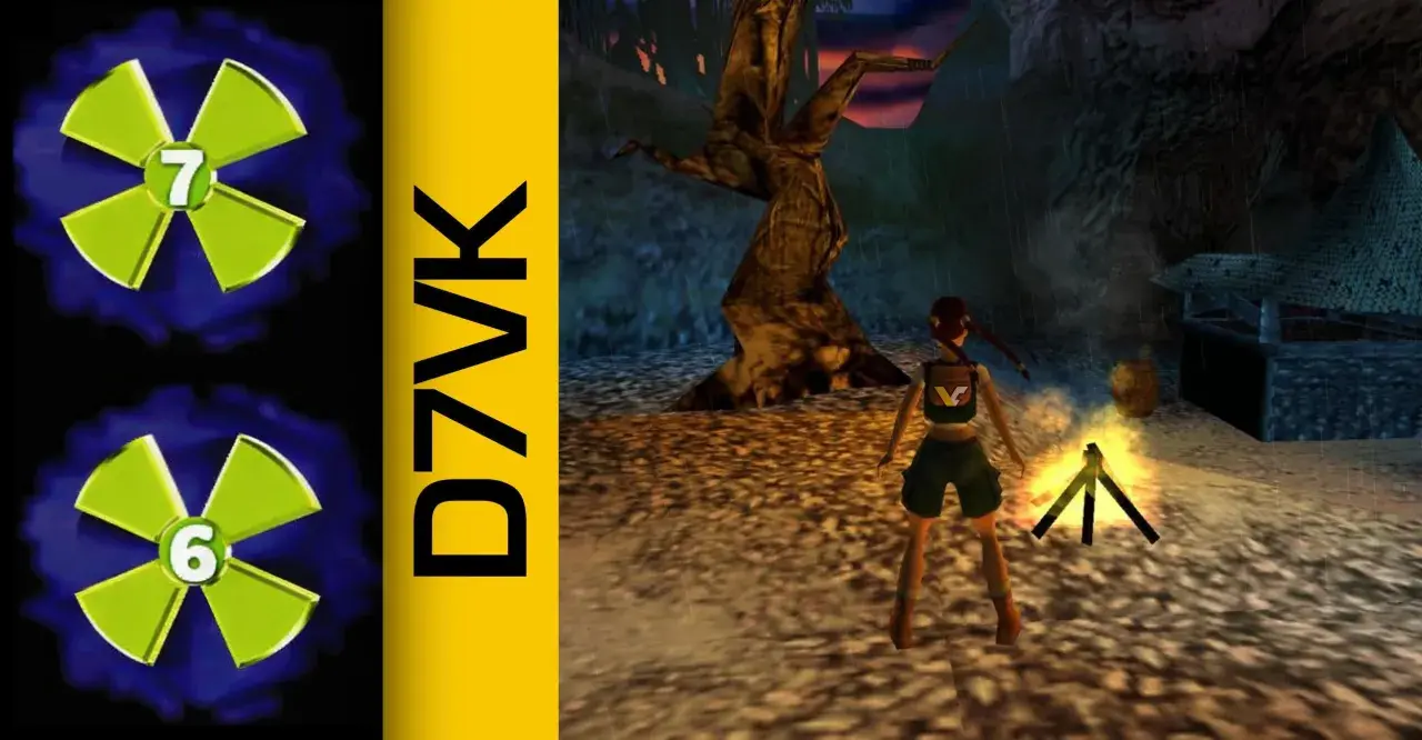 Lara Croft przy ognisku, obok napis D7VK. W tle deszcz i jaskinia.