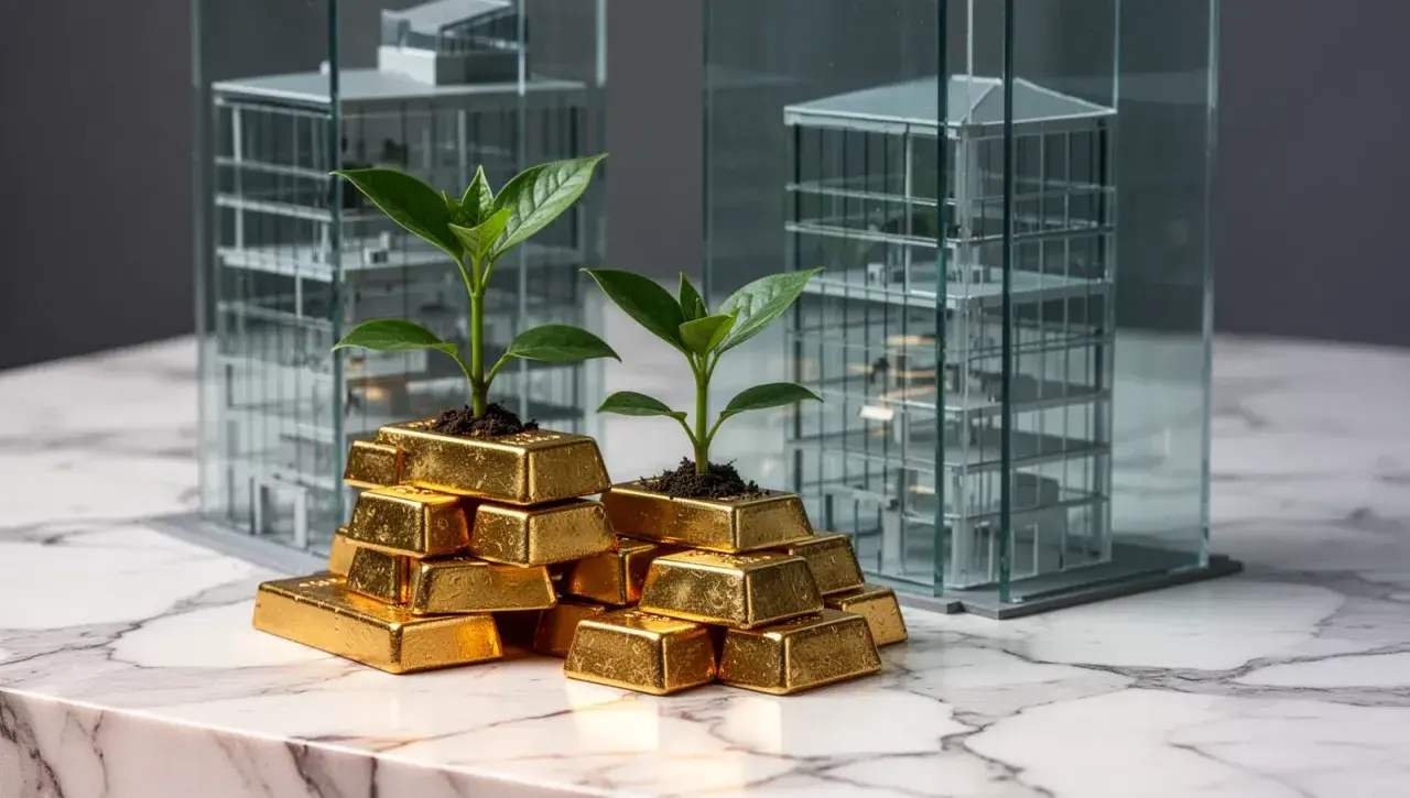 Goldbarren mit jungen Pflanzen wachsen vor Modellgebäuden. Ein Symbol für Wachstum und Investitionen, wie bei einem Vanguard Lifestrategy 60.