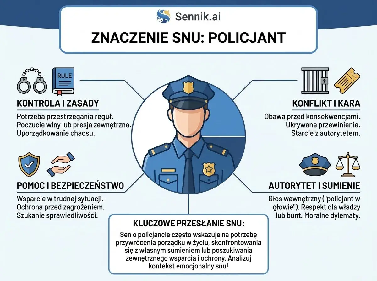 Sen o policjancie może oznaczać potrzebę kontroli, konfliktu, pomocy lub wewnętrznego sumienia. Analizuj kontekst snu, by zrozumieć, co oznacza sen o policji.