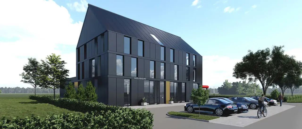Nowoczesny projekt budynku mieszkalno usługowego z ciemną elewacją i dużymi oknami. Przed budynkiem parking z kilkoma samochodami.