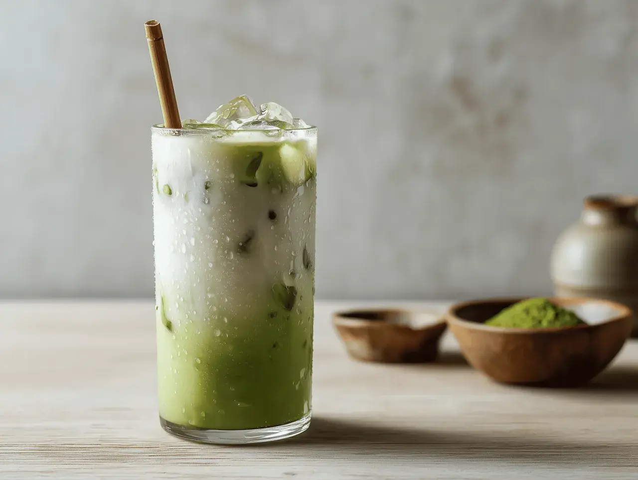 Erfrischender Eiskaffee mit Matcha und Hafermilch, garniert mit einem Bambusstrohhalm.