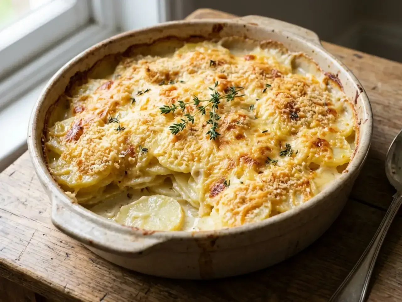 Un gratin dauphinois doré et crémeux, garni de thym frais, prêt à être dégusté.