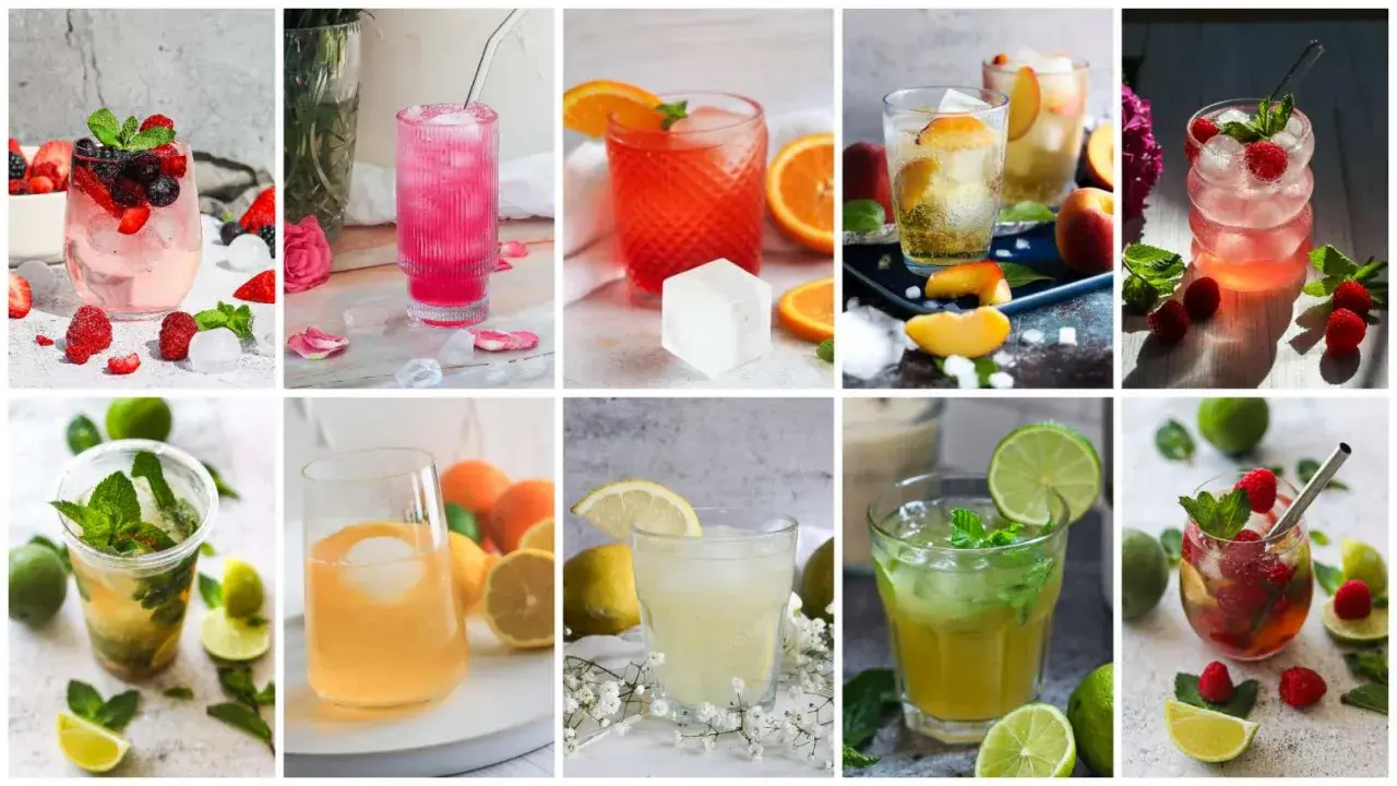 Vielfalt an erfrischenden Sommergetränken und Cocktail-Rezepten mit Früchten, Minze und Eis.