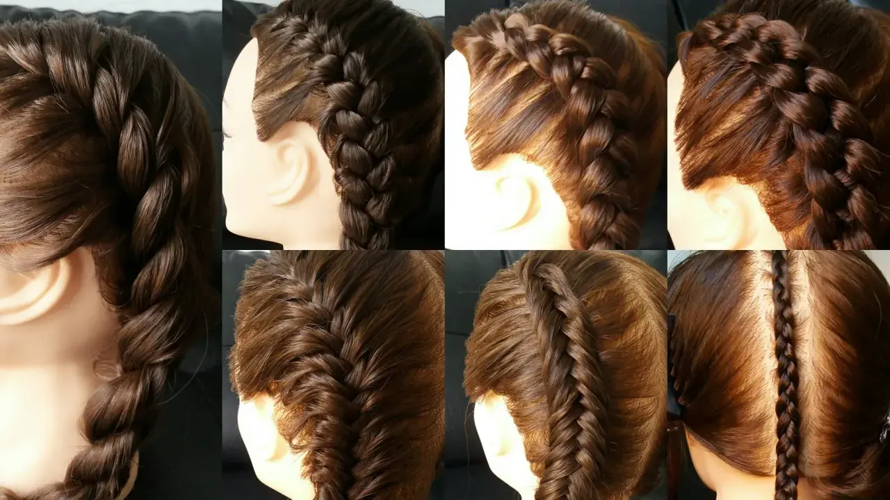 Varios estilos de trenza de raíz en cabello castaño, desde la nuca hasta la parte superior de la cabeza.