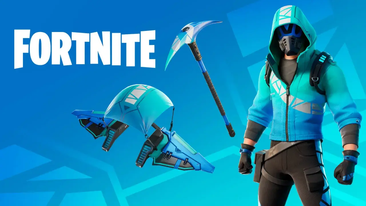 Bohaterka Fortnite w niebieskim stroju z maską, kilofem i lotnią.