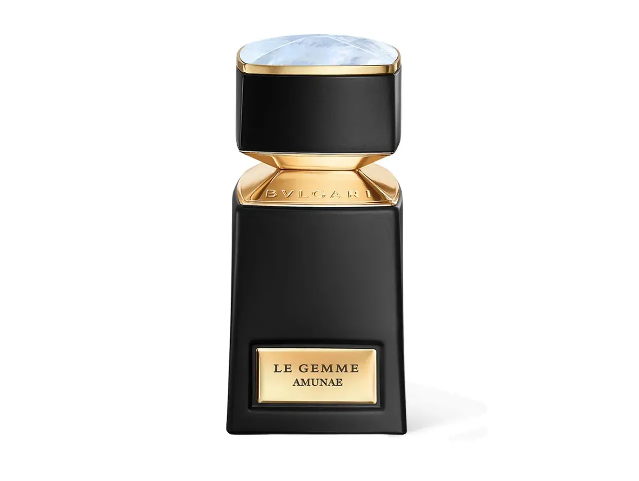 Elegancka butelka perfum Bvlgari Le Gemme Amunae w kolorze czarnym ze złotymi detalami i kamieniem na wieczku.