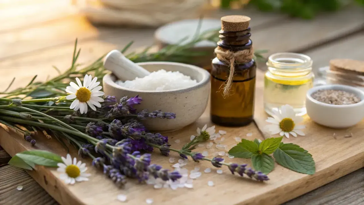 Naturliga ingredienser för hudvård: lavendel, kamomill, örter och jojobaolja ansikte i bärnstensfärgad flaska.