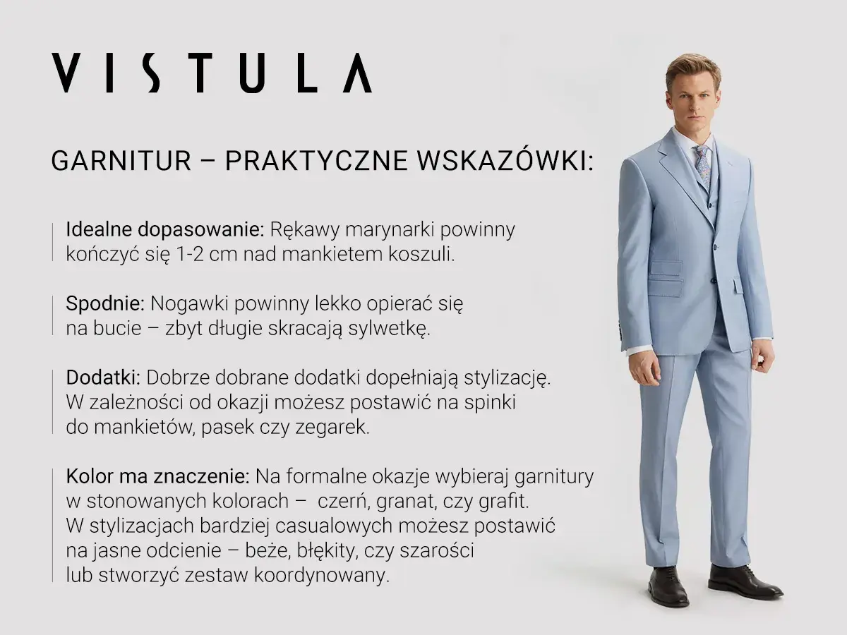 Mężczyzna w błękitnym garniturze Vistula. Porady dotyczące idealnego dopasowania, spodni, dodatków i koloru, które pomogą wybrać odpowiednie marki garniturów.