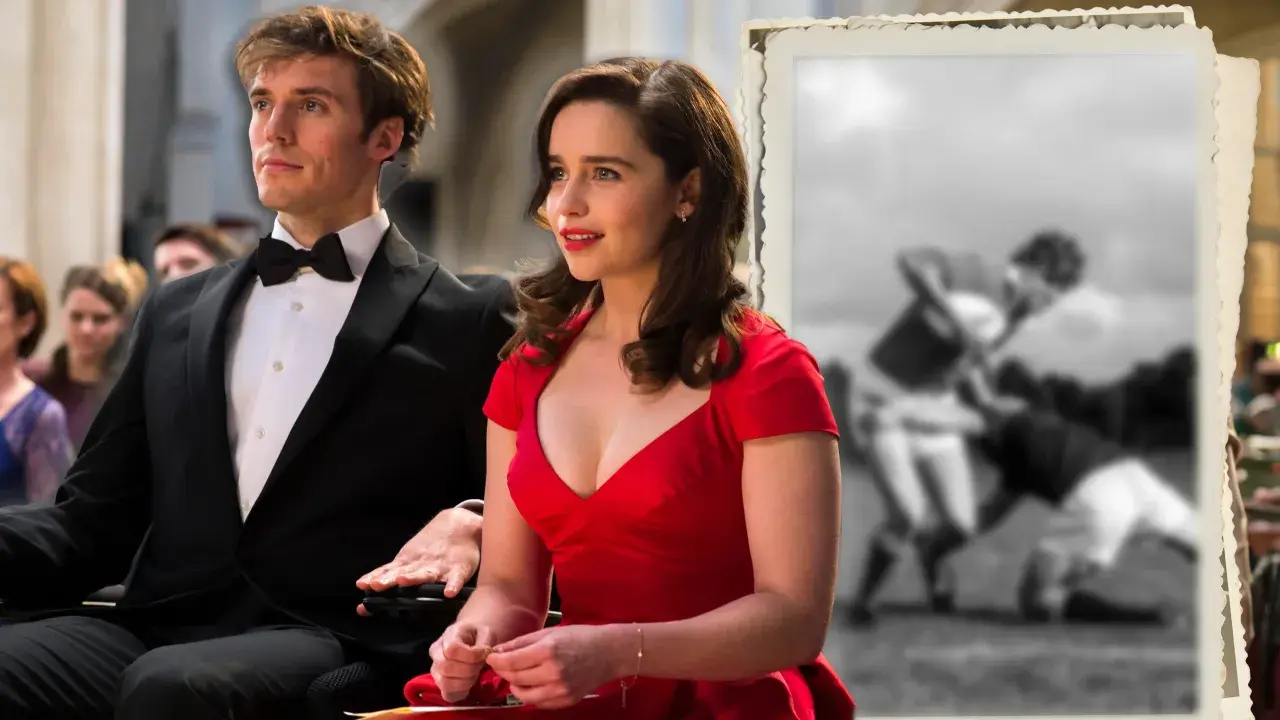 Ein Mann im Rollstuhl und eine Frau in Rot, inspiriert von Jojo Moyes' "Mein Leben in deinem". Ein Schwarz-Weiß-Foto von Rugby-Spielern im Hintergrund.