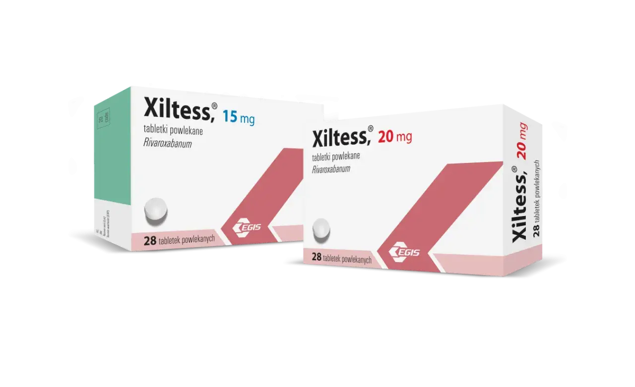 Dwa opakowania leku Xiltess: 15 mg i 20 mg, zawierające 28 tabletek powlekanych każdy.