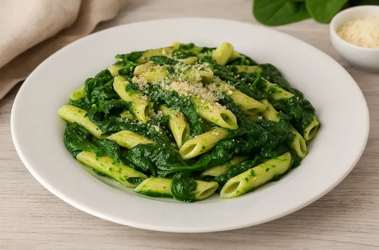 Pâtes aux épinards, une recette italienne simple et savoureuse. Les penne sont enrobées d'une sauce verte aux épinards frais, saupoudrées de parmesan.
