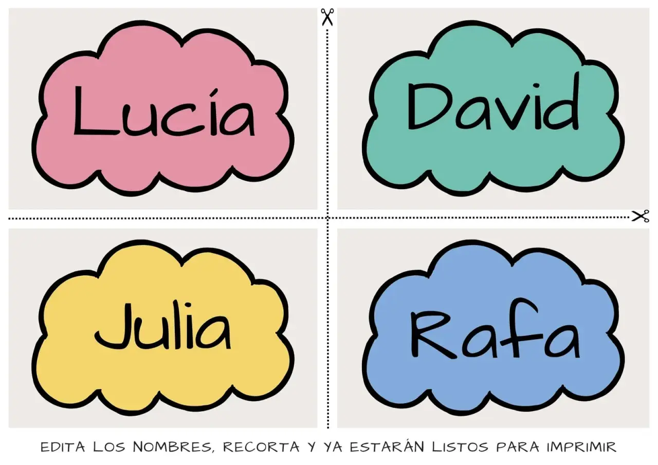 Nubes de colores con nombres: Lucía, David, Julia y Rafa. Ideales para imprimir nombres con letras bonitas y personalizarlos.