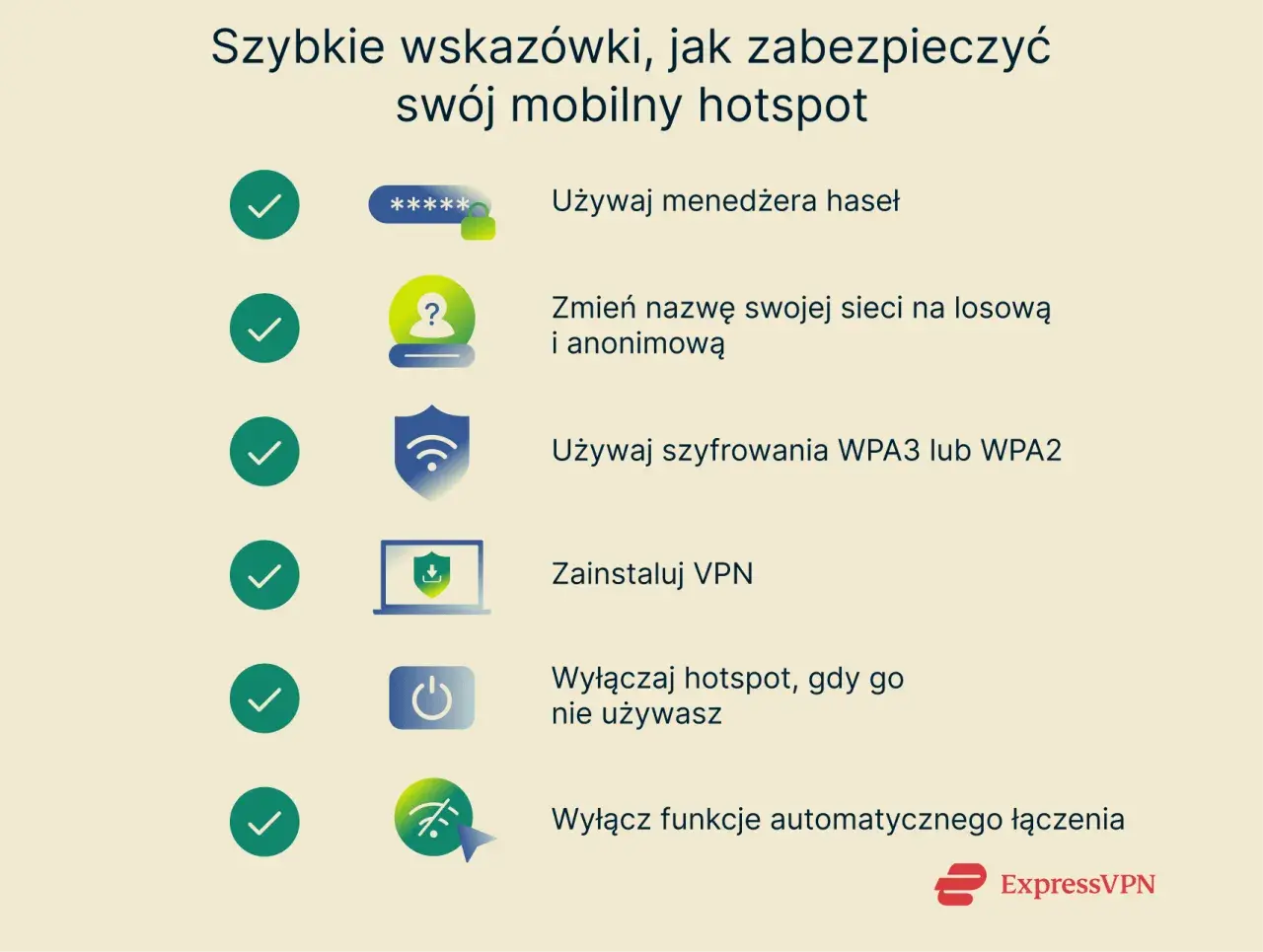 Zabezpiecz swój mobilny hotspot: używaj silnych haseł, anonimowej nazwy sieci, szyfrowania WPA3, VPN, wyłączaj go, gdy nie jest potrzebny, i unikaj automatycznego łączenia.