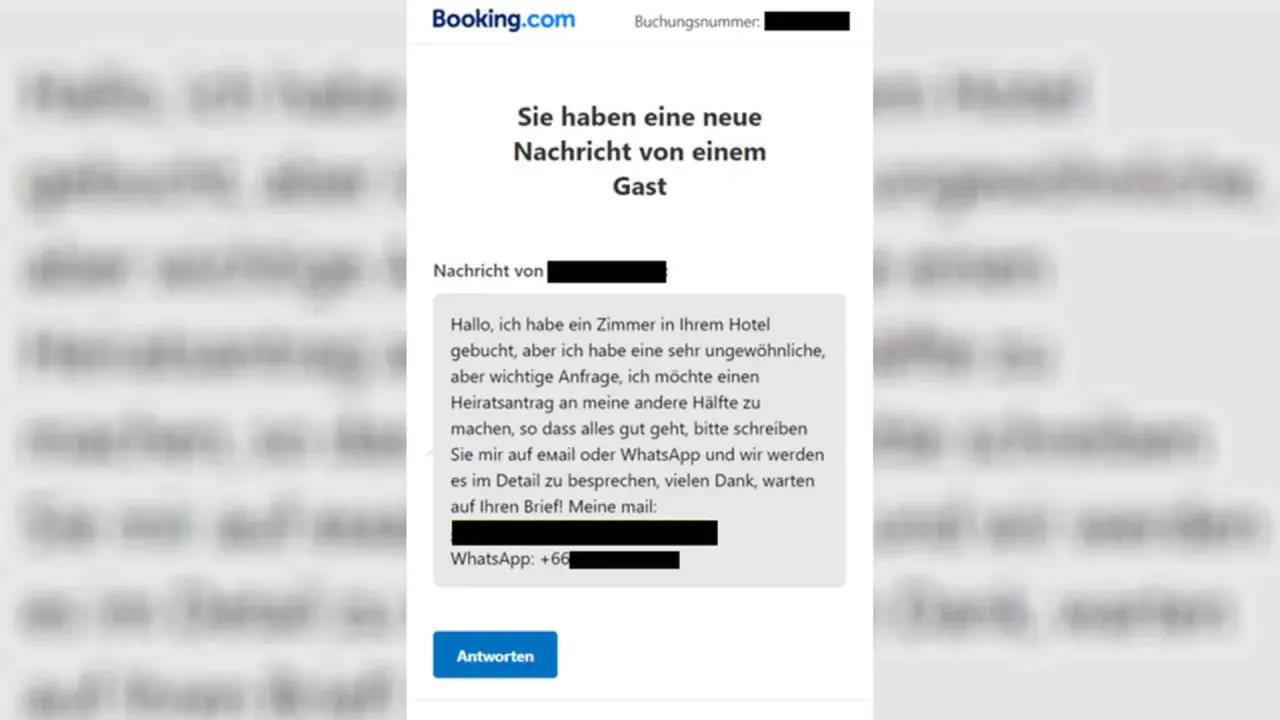 Neue Nachricht von einem Gast auf Booking.com, die nach einer ungewöhnlichen Anfrage fragt. Vorsicht vor einer möglichen Booking.com Betrugsmasche.