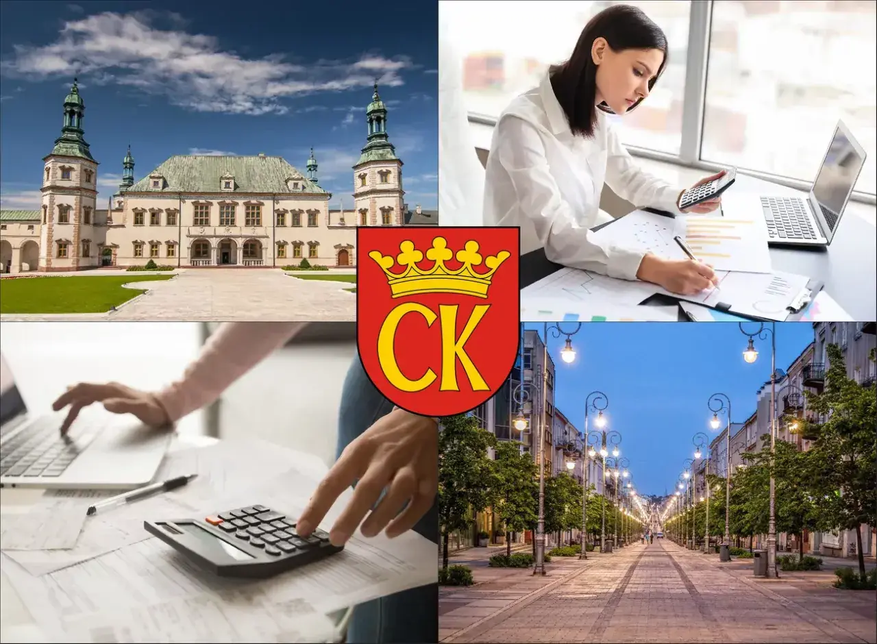 Kielce: Pałac Biskupów Krakowskich, kobiety pracujące z kalkulatorem i laptopem, herb miasta, ulica Sienkiewicza.
