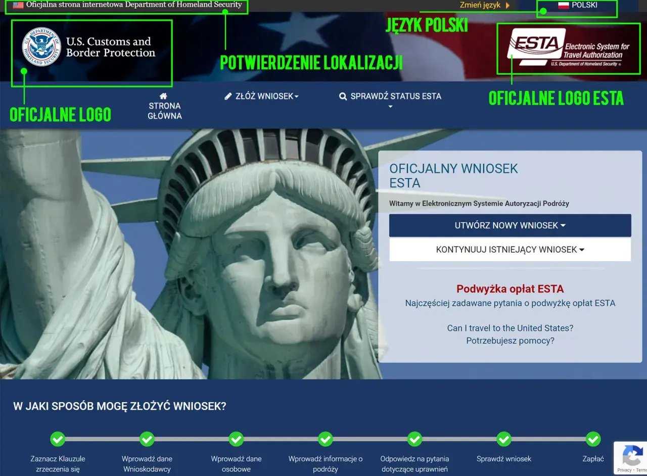 Fragment Statuy Wolności na tle flagi USA, z logo ESTA i informacjami o wniosku.