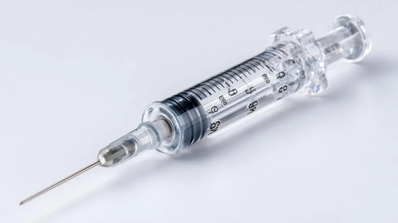 Seringue transparente avec aiguille fine, graduations claires pour mesurer les différentes seringues et leur utilisation précise.