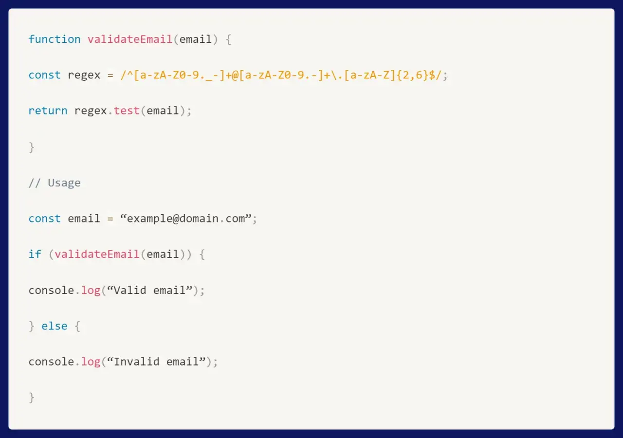 Kod yup js do walidacji adresu email. Funkcja `validateEmail` używa wyrażenia regularnego do sprawdzenia formatu.