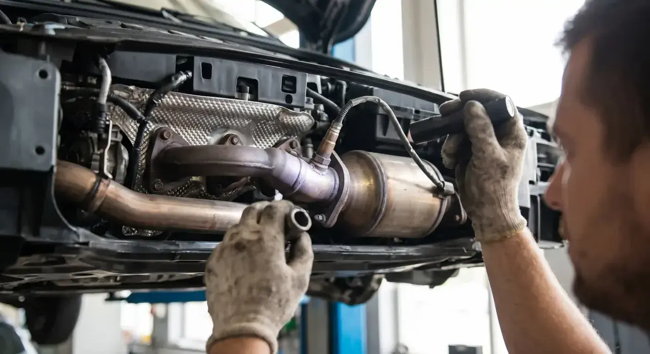 Mechanik sprawdza katalizator w Peugeocie, być może z powodu błędu dtc p0420.