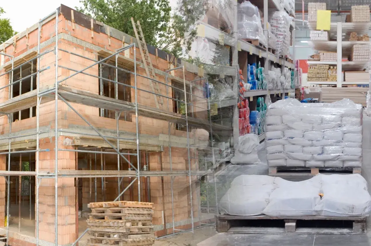 Budowa domu w toku, obok magazyn materiałów budowlanych. Widać palety z cementem i półki z różnymi produktami. Ceny materiałów budowlanych wpływają na koszty inwestycji.