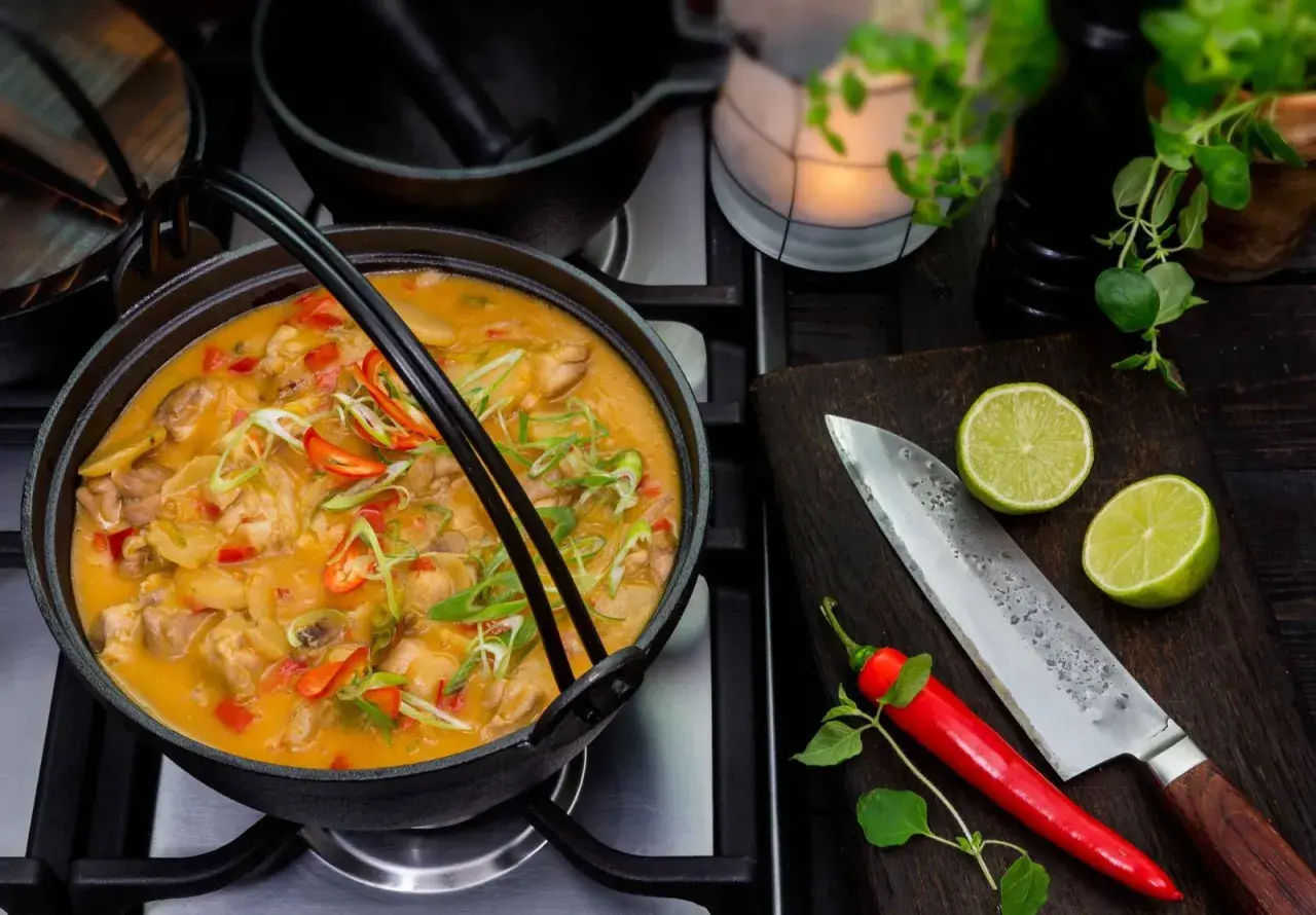 En väldoftande thaigryta med kyckling, toppad med chili och salladslök. Bredvid ligger en kniv, lime och chili.