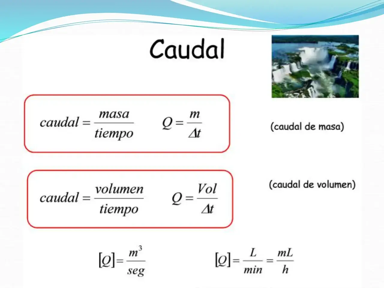 Fórmulas para el caudal: caudal de masa (masa/tiempo) y caudal de volumen (volumen/tiempo).