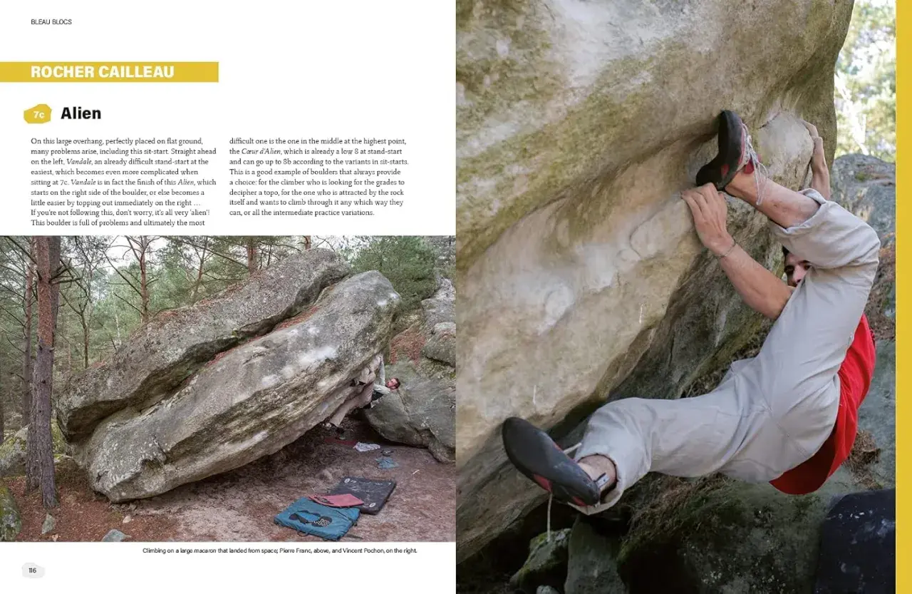 Wspinacz na skale, trudna **skala boulderowa** "Alien" w Fontainebleau.