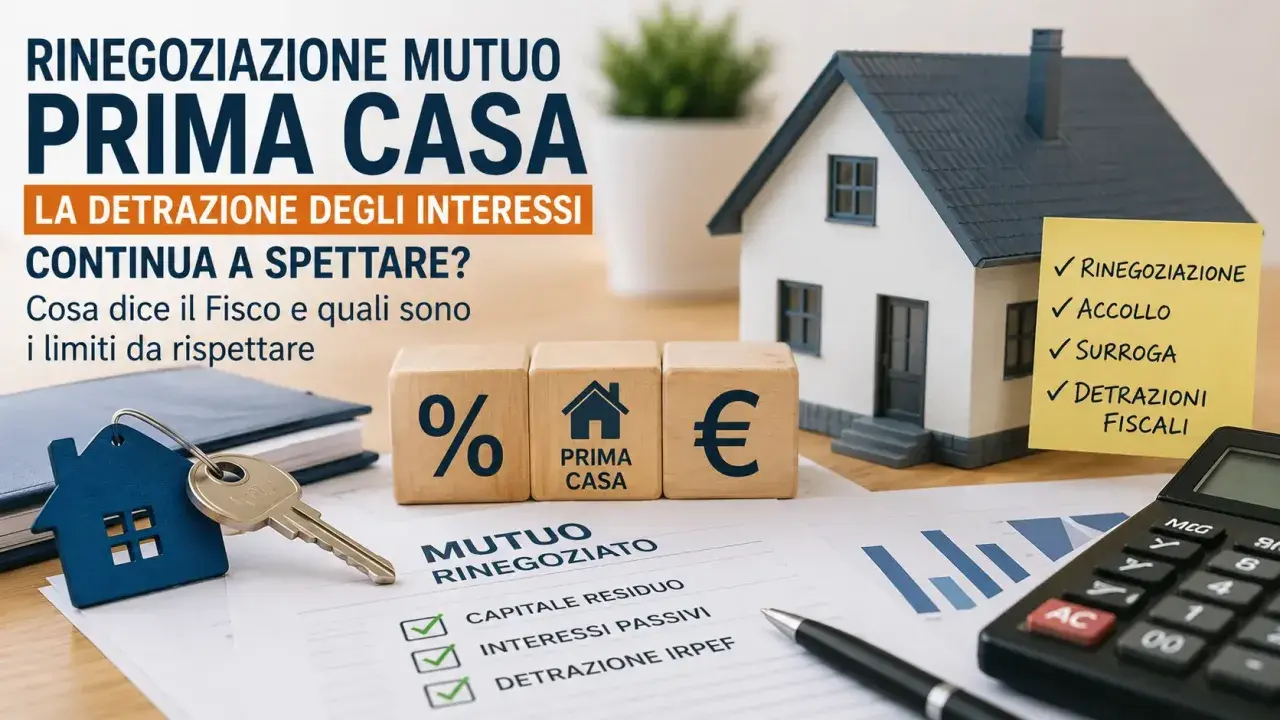 Chiavi e casa in miniatura su documenti: si parla di rinegoziare mutuo prima casa e detrazioni fiscali.