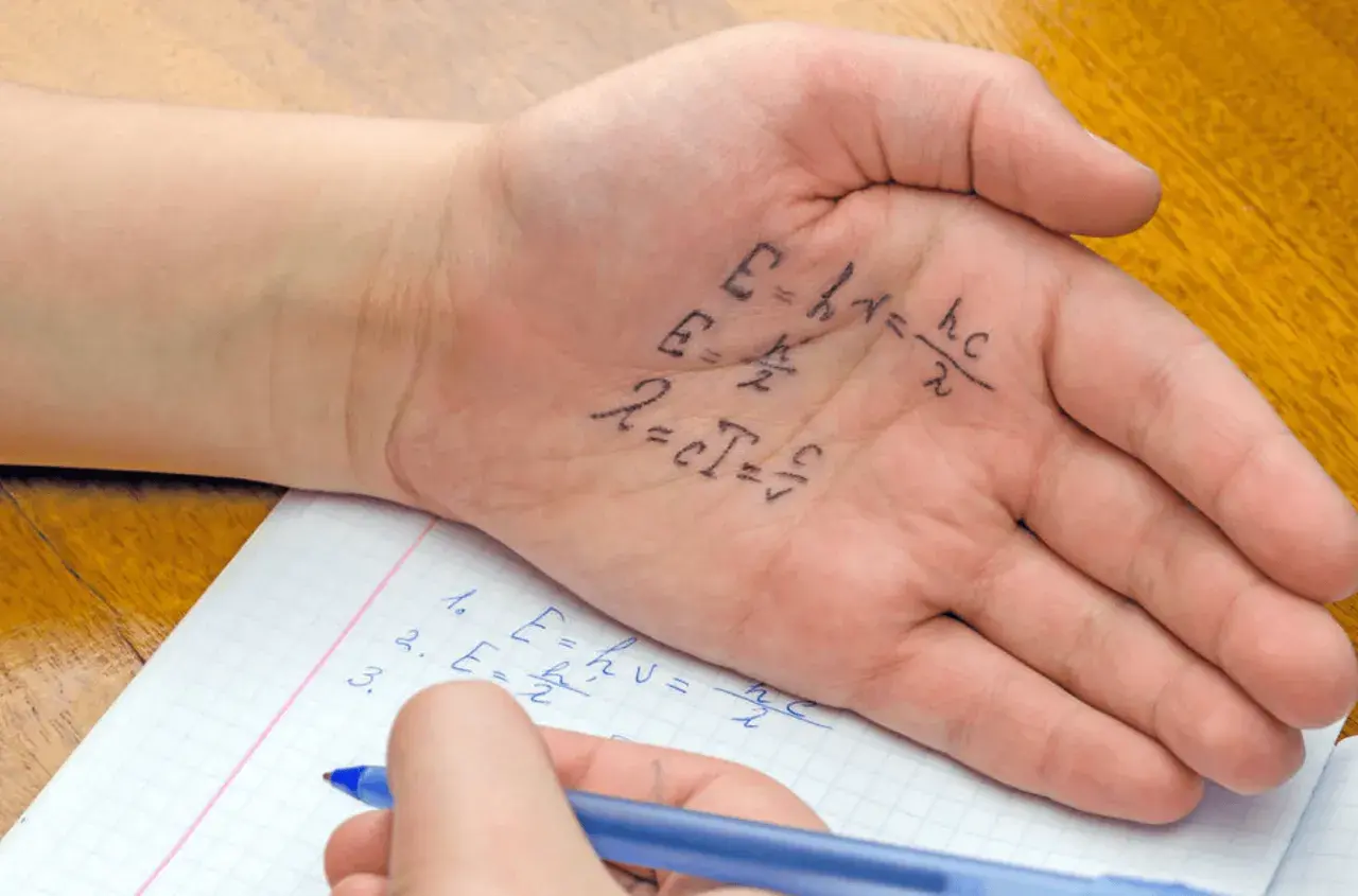 Beim Spicken erwischt: Formeln auf der Hand, während der Schüler im Heft schreibt.