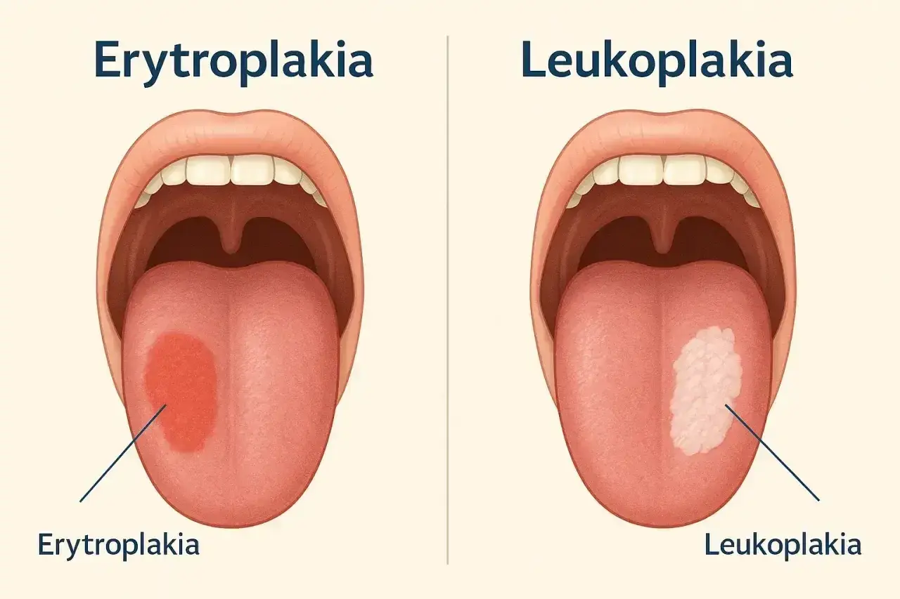 Zdjęcie pokazuje objawy raka jamy ustnej: erytroplakię (czerwona plama) i leukoplakię (biała plama) na języku.