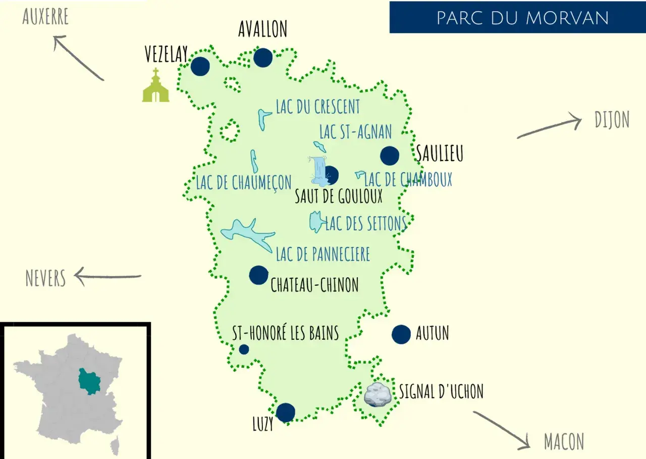 Carte du Parc du Morvan, idéale pour visiter le Morvan en 3 jours. Elle indique lacs, villes et sites touristiques.