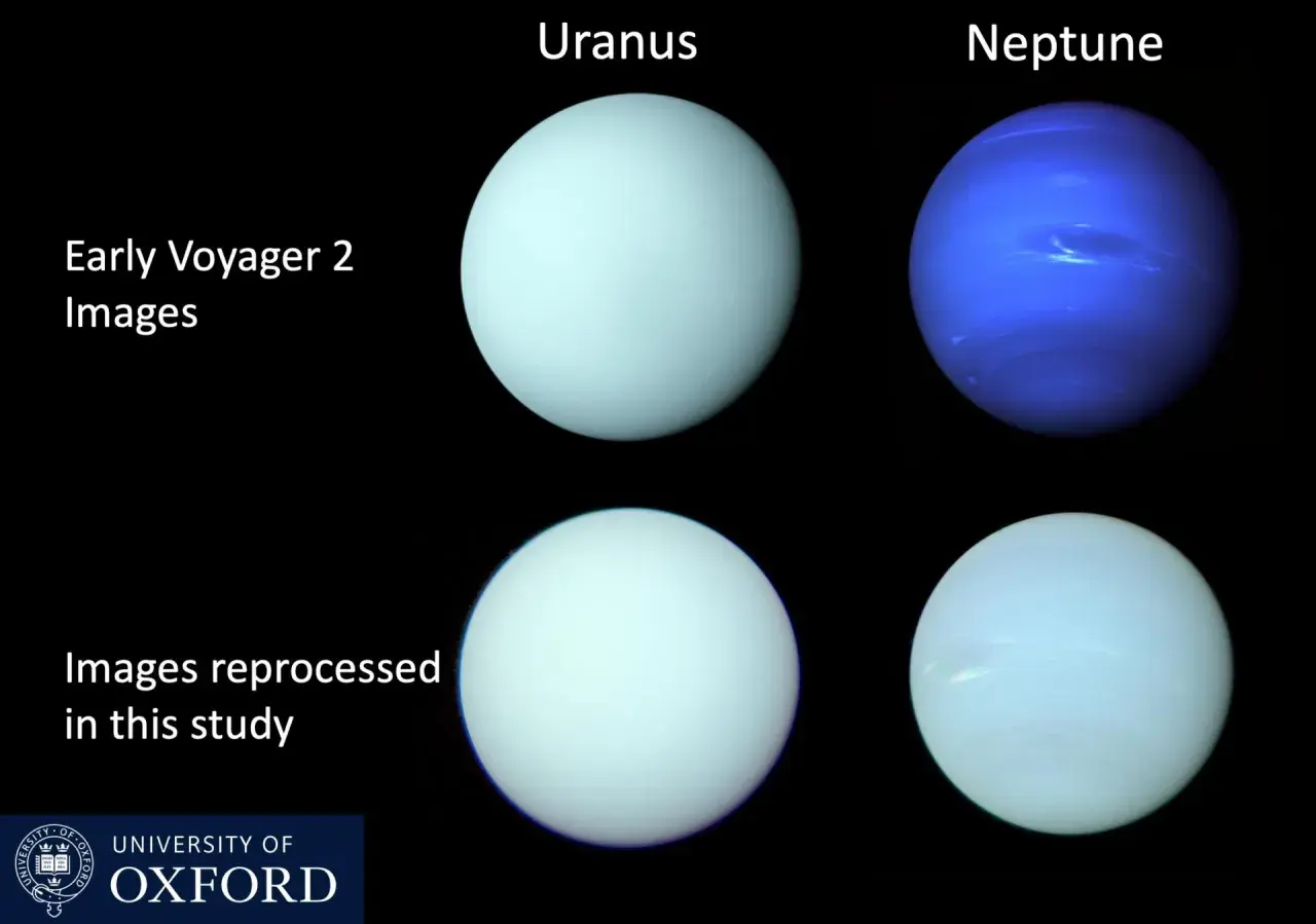Uran i Neptun, planety z Układu Słonecznego, w tym najdalsza planeta od Ziemi. Zdjęcia z sondy Voyager 2 i ich przetworzone wersje.