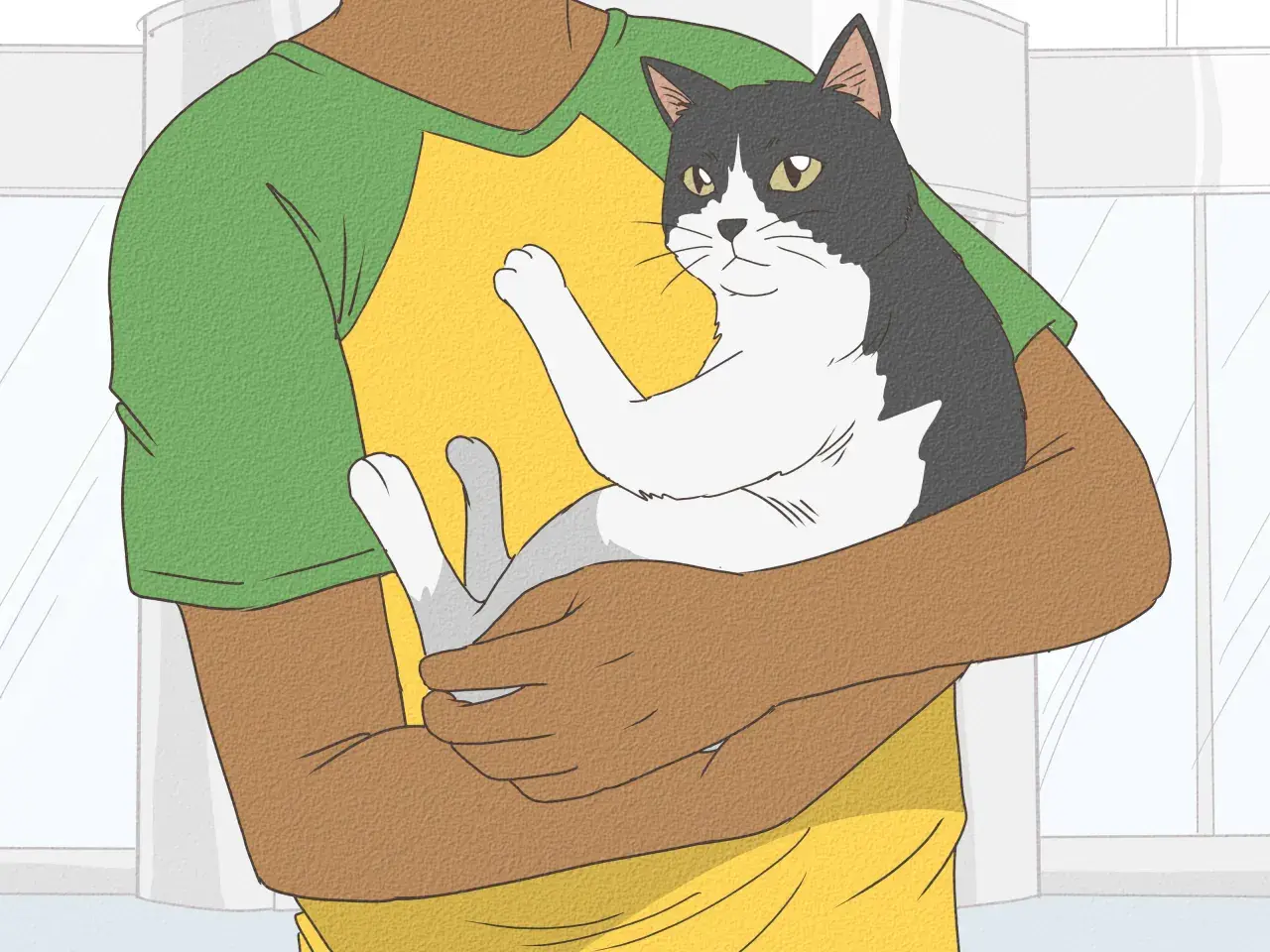 Persona abraza un gato blanco y negro. El gato parece feliz y cómodo. Quizás necesite pienso para gatos sin dientes.
