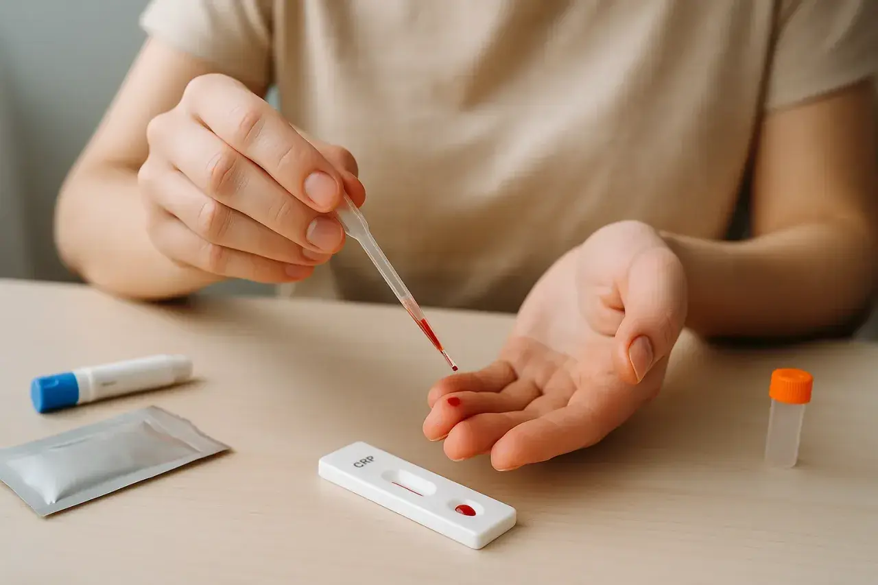 Osoba pobiera kroplę krwi pipetką do testu CRP, by sprawdzić, co to jest stan zapalny.