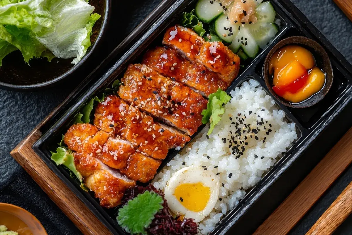 A delicious hinomaru bento with teriyaki chicken, rice, a hard-boiled egg, cucumber salad, and a sweet fruit topping.
