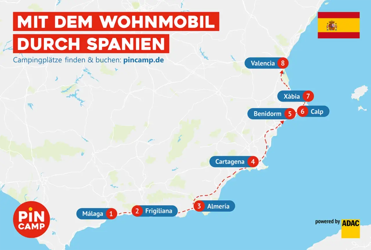 Karte zeigt eine Route für einen Roadtrip mit dem Wohnmobil durch Spanien, von Málaga über Almería, Cartagena, Benidorm bis Valencia.