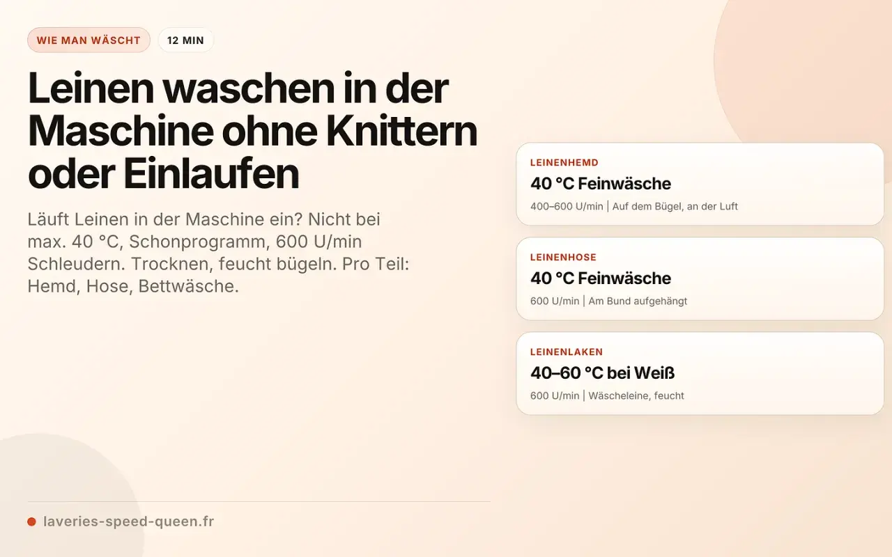 Leinen waschen ohne Einlaufen: Max. 40°C, Schonprogramm, 600 U/min. Trocknen, feucht bügeln. Vermeiden Sie die Nachteile von Leinen durch richtige Pflege.