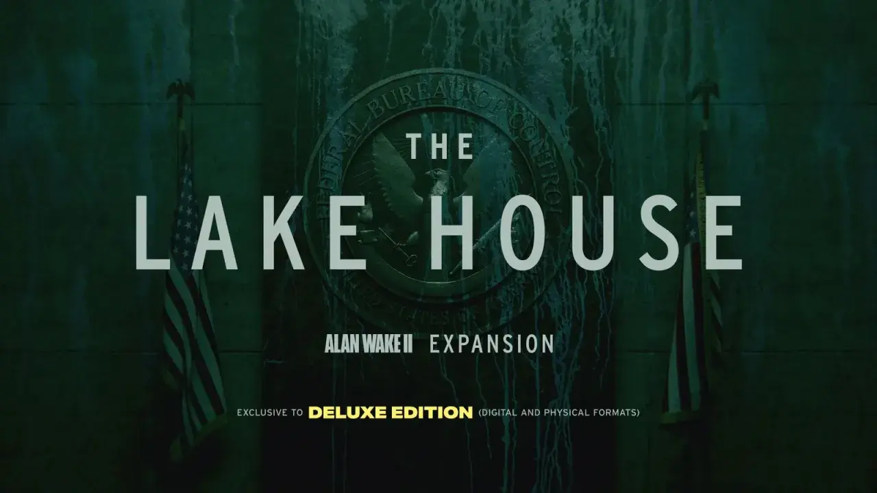 Grafika z napisem "The Lake House", logo Federal Bureau of Control i flagą USA.