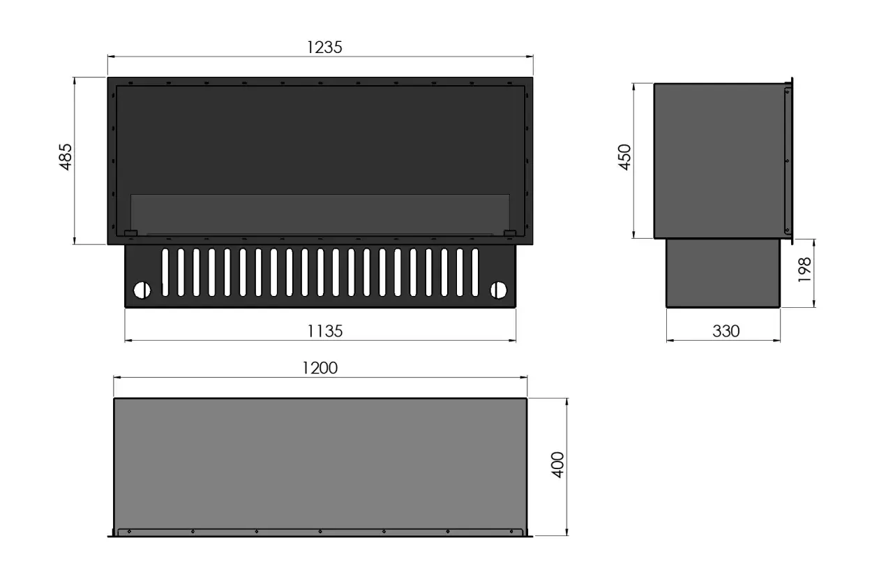 Schematyczny rysunek techniczny z wymiarami kominka po zabudowie: szerokość 1235 mm, wysokość 485 mm, głębokość 330 mm.