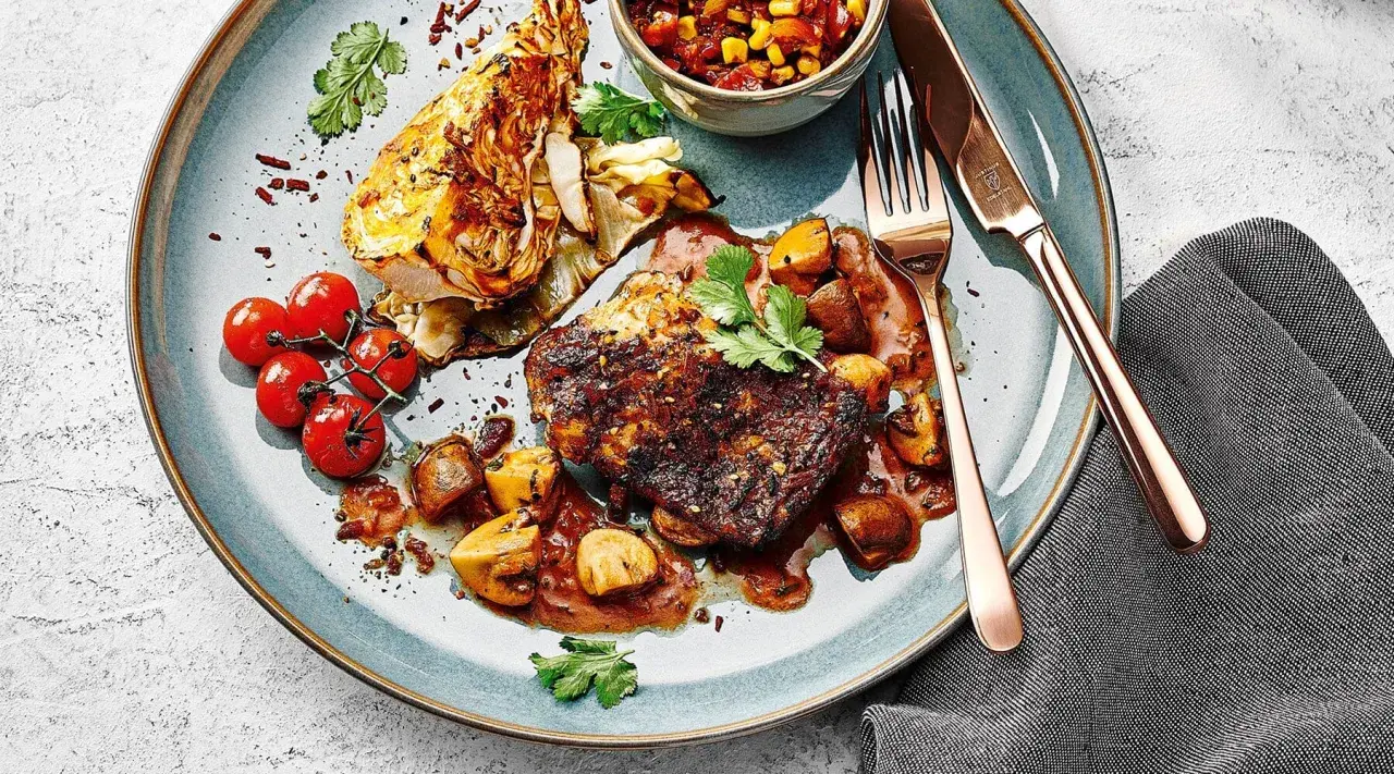 Herzhaftes Gericht mit gebratenem Fleisch, Pilzen, Kohl und Tomaten. Die Sauce verströmt den vollen Geschmack von Umami.