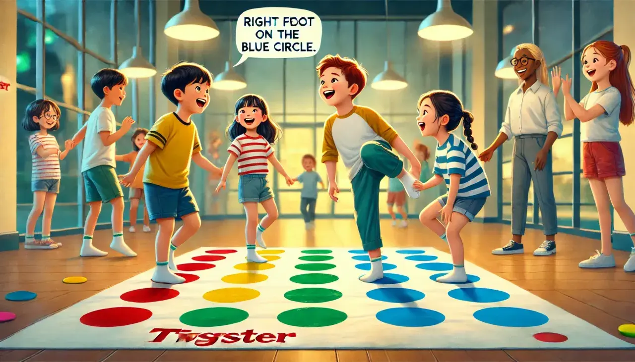 Niños jugando Twister, un juego de poner manos y pies en círculos de colores. ¡Qué divertido!