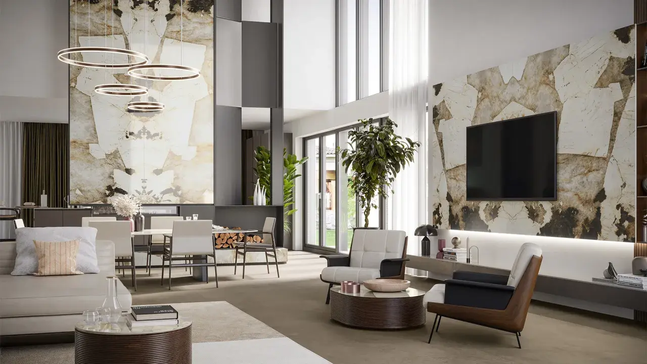 Elegante salotto e sala da pranzo con pareti in pietra naturale, mobili moderni e illuminazione a sospensione.