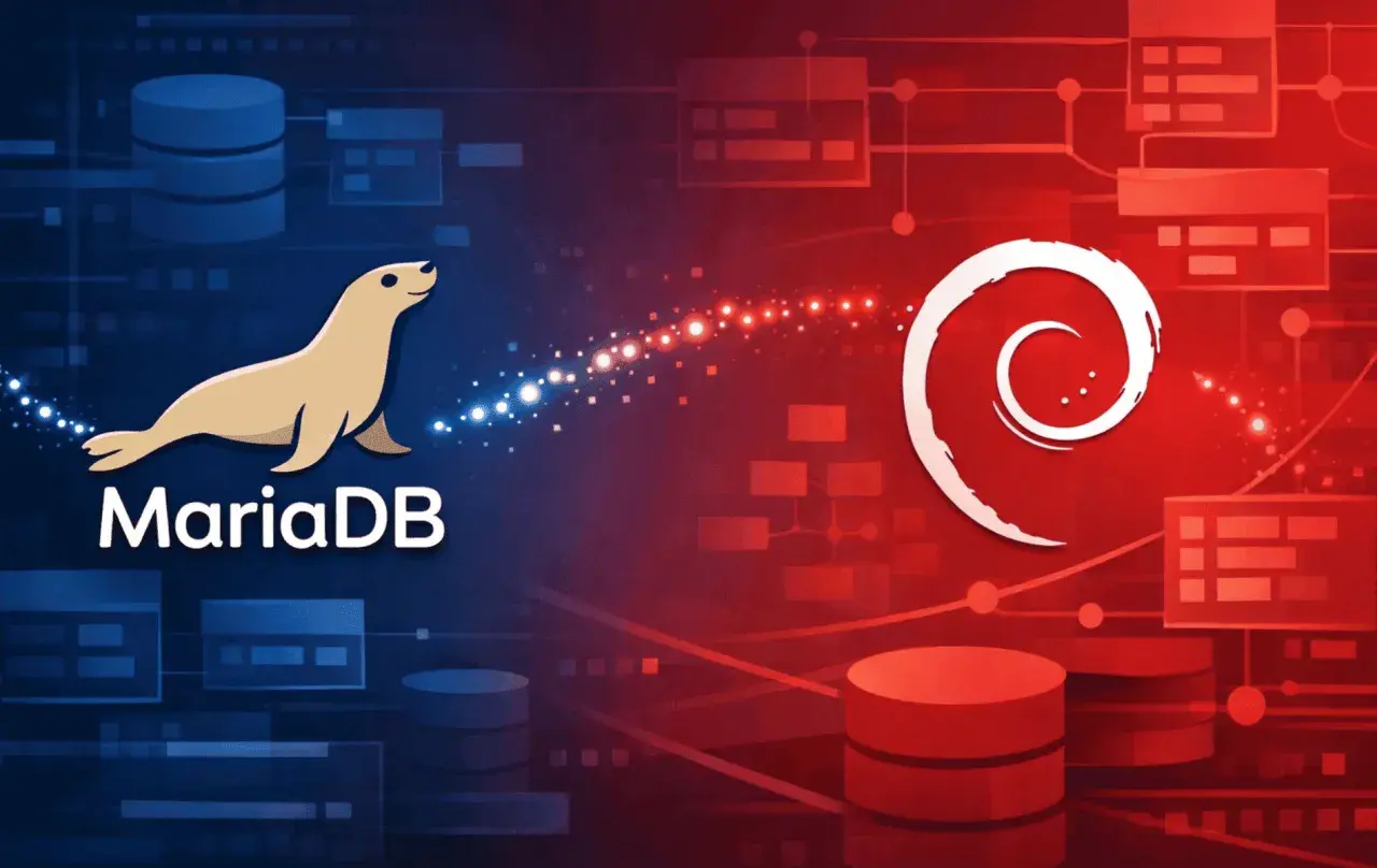 Le logo MariaDB, avec son phoque, est relié par des particules lumineuses au logo Debian. L'image symbolise l'intégration de MariaDB sur Debian.