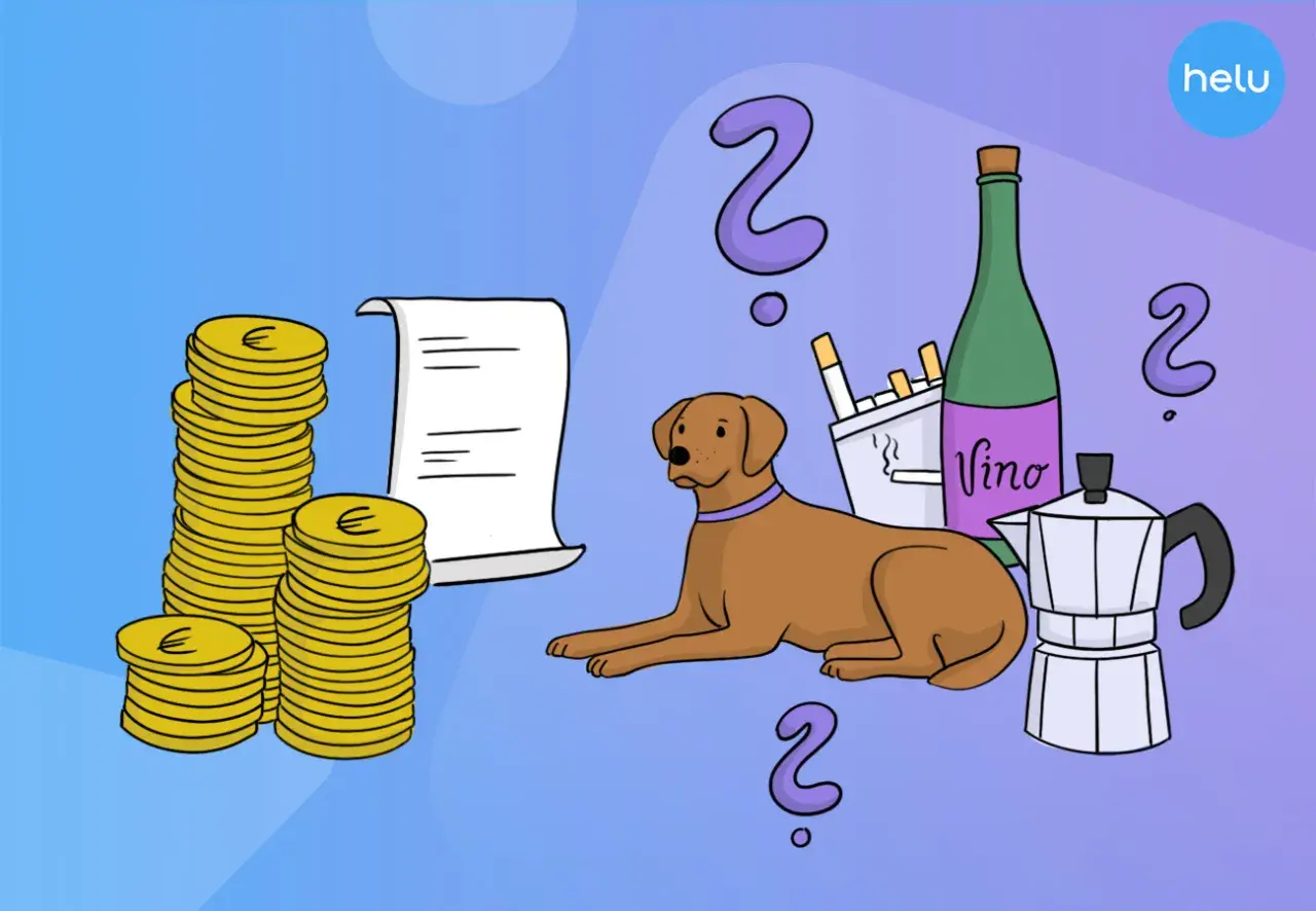 Stapel Münzen, Rechnung, Hund, Zigaretten, Wein, Kaffeekanne und Fragezeichen. Wie viel Steuern zahlt man in Deutschland?