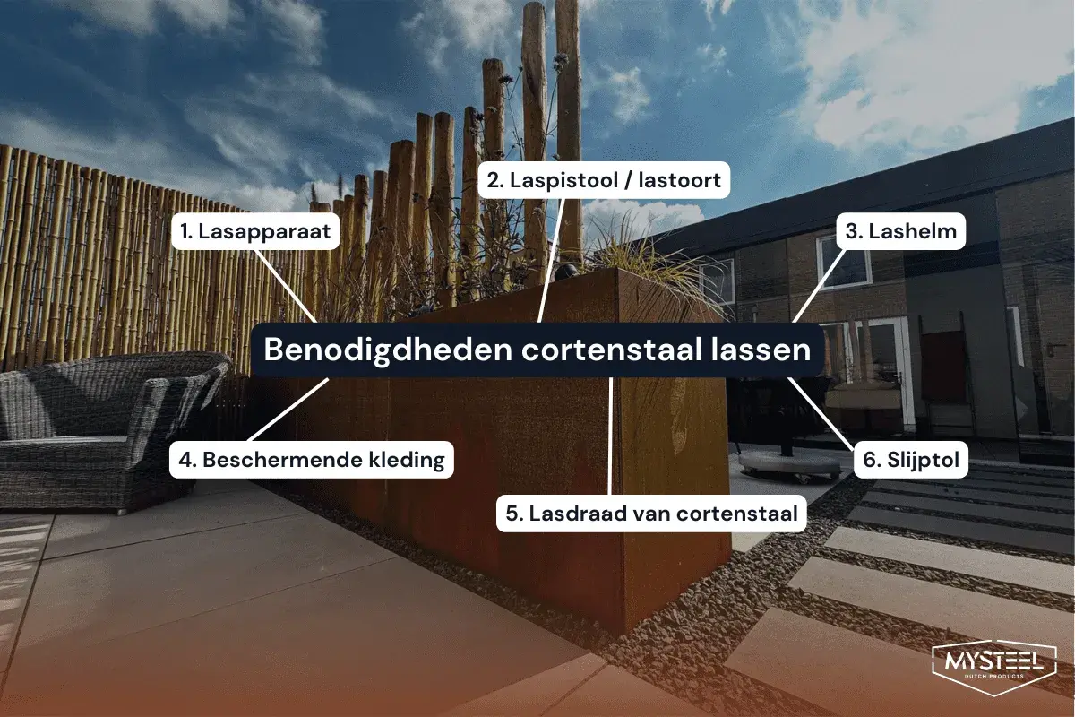 Un pezzo di design moderno in corten materiale, con indicazioni su attrezzature per saldatura.
