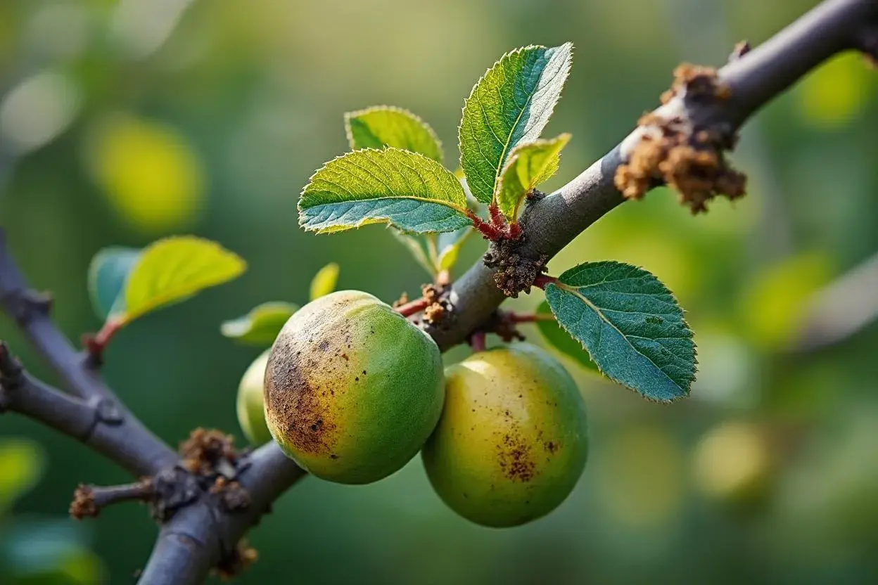 Deux mirabelles vertes sur une branche, présentant des taches brunes, signe d'une possible maladie du mirabellier.