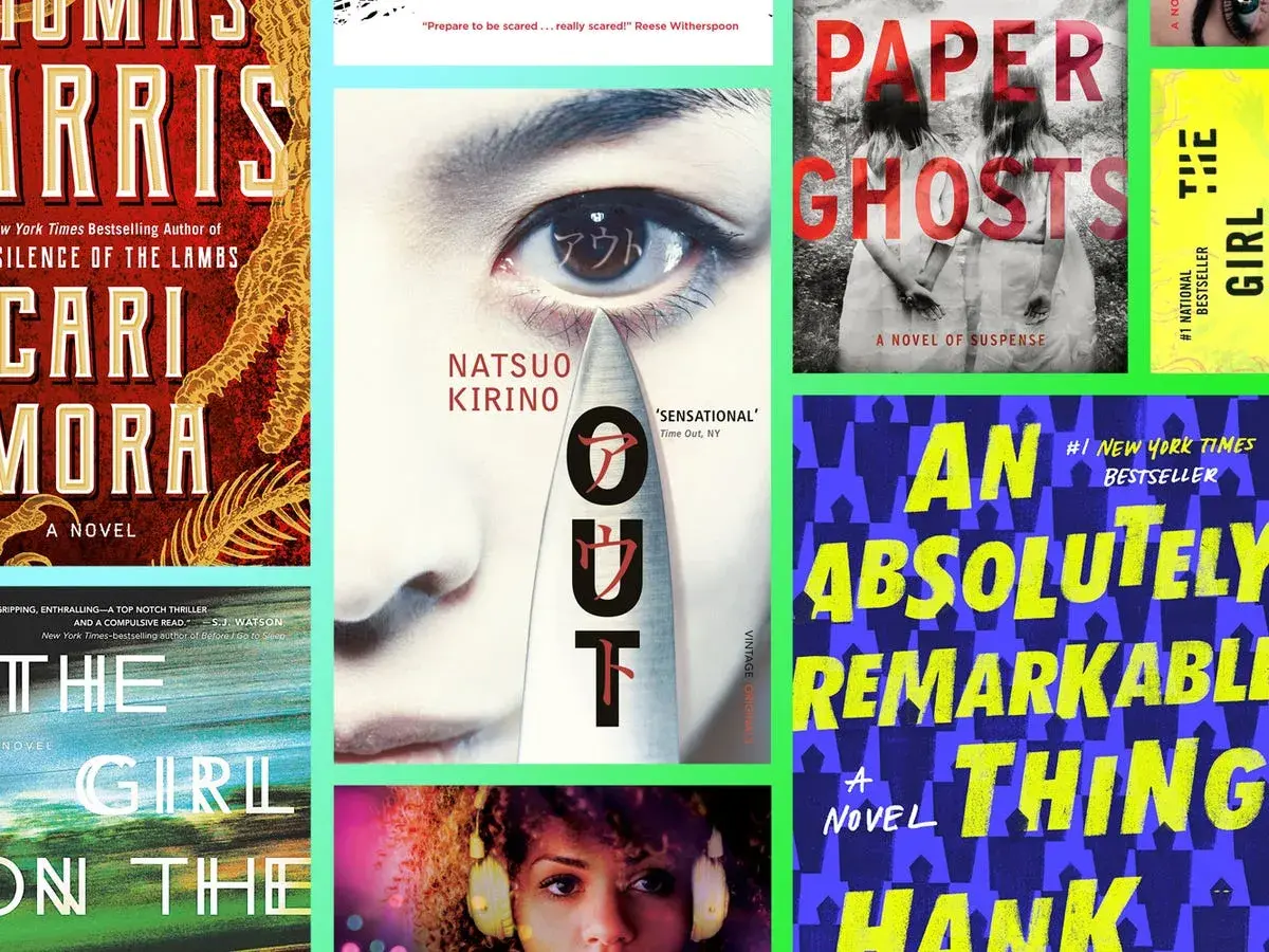 Büchercover-Collage mit dem besten Thriller-Buch "Out" von Natsuo Kirino im Fokus. Daneben "Paper Ghosts" und "The Girl on the Train".