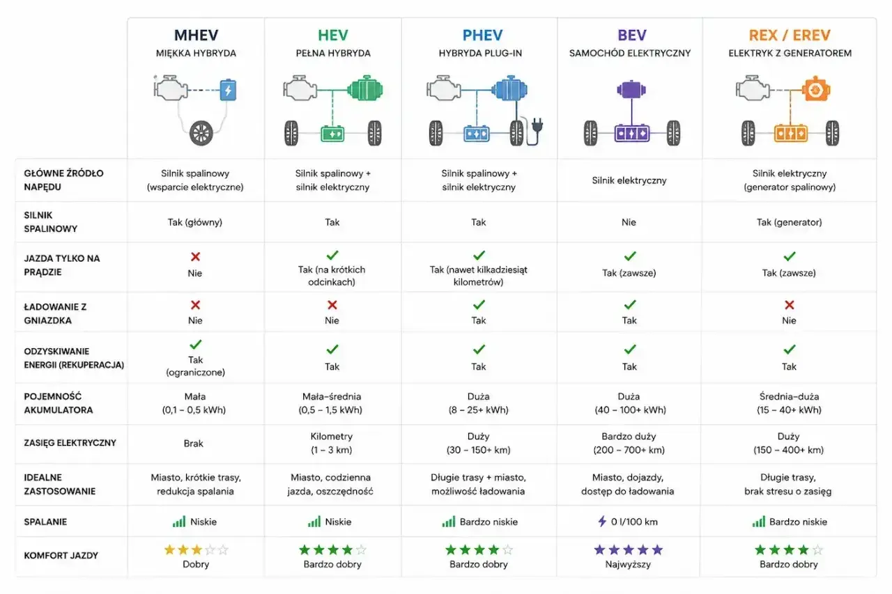 Porównanie hev vs phev: MHEV, HEV, PHEV, BEV, REX/EREV. Tabela pokazuje różnice w napędzie, zasięgu i zastosowaniu.